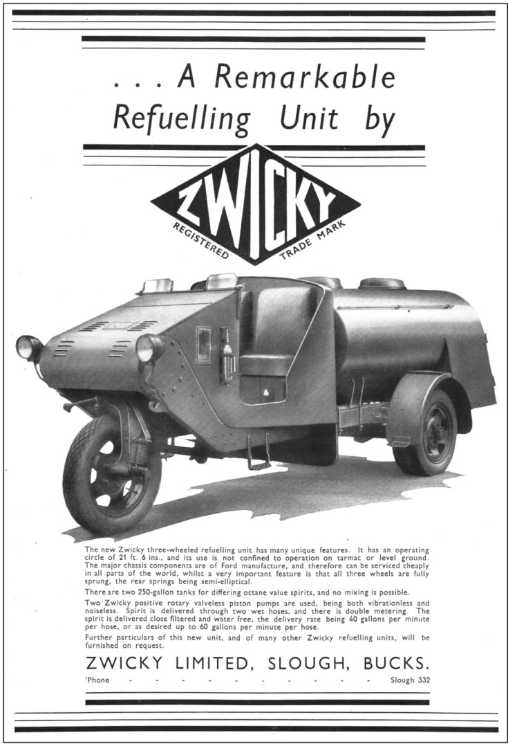 This Zwicky three wheeled refuelling unit was produced circa 1937 and apart from it's well proven fuel delivery system it owes it's distinct chassis design to the requirement for great manoeuvrability and ability to operate on unpaved surfaces.